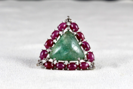 Antique Natural Emerald Ruby Cabochon Gemstone Diamond Silver Big Cocktail Ring - £535.36 GBP