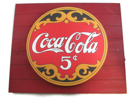 Coca-Cola 5 Cents Disc Backlit Sign Screenprint Metal on Wood Background LED - £25.62 GBP