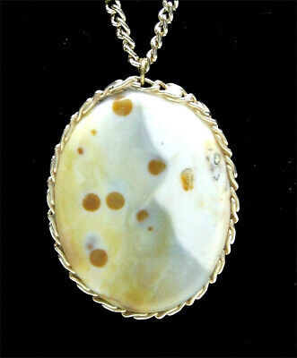 Primary image for GERMANY Soft PALE BROWN STONE Agate Slice  NECKLACE Vintage Goldtone Aluminum
