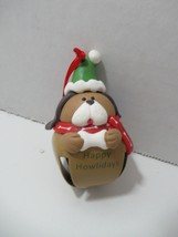Happy Howlidays jingle bell ornament puppy dog tan brown red scarf green... - $5.19
