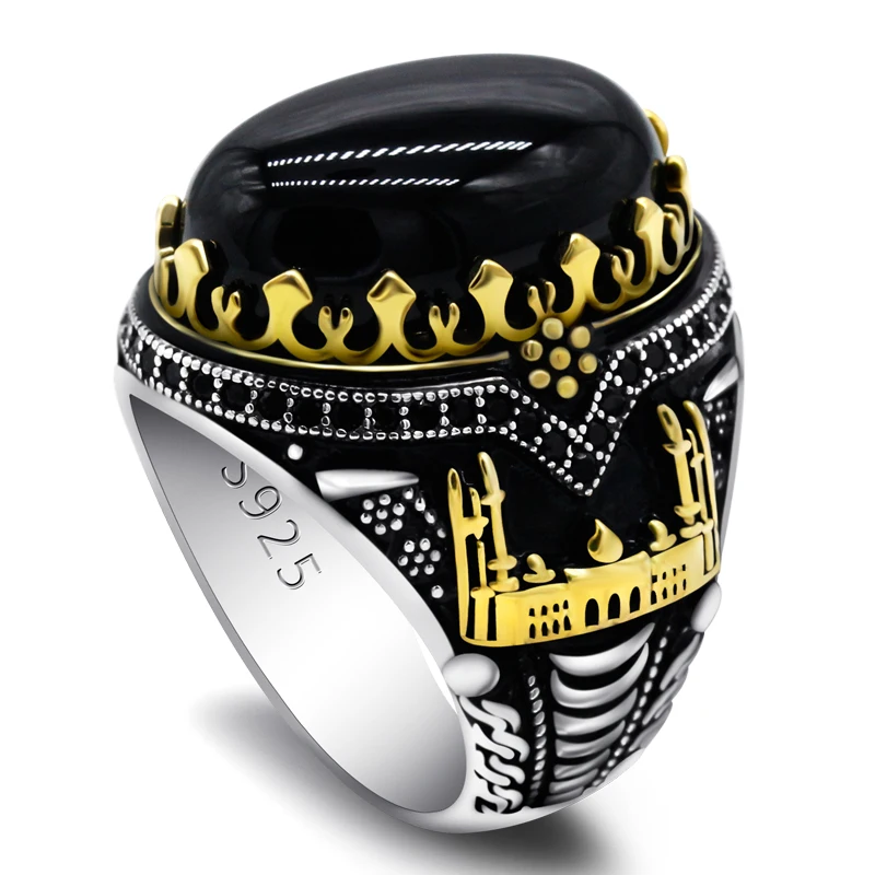 New Black Natural Agate Stone Ring 925 Real Silver Men&#39;s Ring Castle Turkey Cons - £59.66 GBP