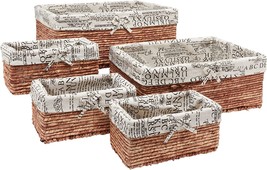 Set Of 5 Brown Wicker Baskets For Organizing And Storage, Lined Bins, 3 Sizes - £39.95 GBP