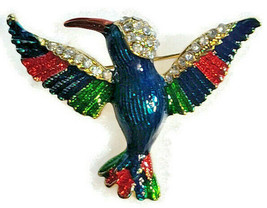 Blue Bird Enameled Pin Brooch Bright Color Clear Crystal Glass Rhinestones - £15.38 GBP
