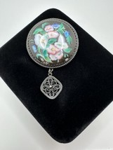 Vintage Sterling Silver Painted Flower Porcelain Brooch 6.5cm - £25.77 GBP