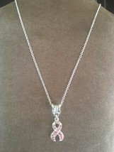 NECKLACE Breast Cancer Awareness SILVER Ribbon Dangle Charm pendant 18&quot; ... - £7.04 GBP