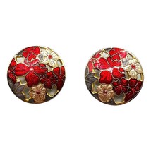 Button Cloisonné Earrings Floral Motiff Gold Tone Vintage Pierced - £11.01 GBP