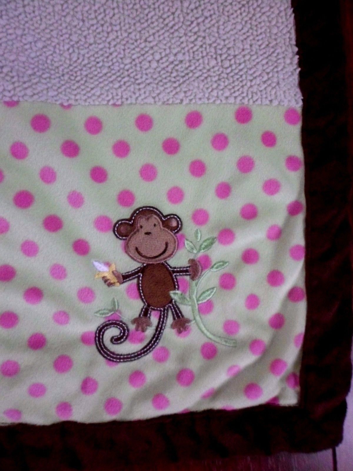 PINK GREEN BROWN MONKEY MINKY DOTS BABY BLANKET PINK SHERPA MINIVILLE LAYETTE - $44.05