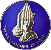 Praying Hands Thy Will Not Mine Be Done Purple Silver Plated Medallion Chip Reco - £5.58 GBP