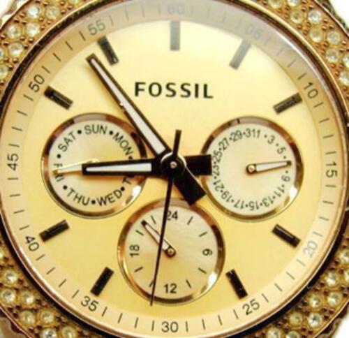 Primary image for Fossil Rhinestone Military Day Date WR 5atm Rose Golden Glo New Batt Woman Watch