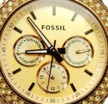 Fossil Rhinestone Military Day Date WR 5atm Rose Golden Glo New Batt Wom... - $59.40