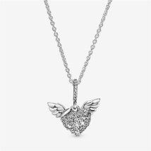 S925 Sterling Silver Pandora Pavé Heart and Angel Wings Necklace,Gift For Her - £18.43 GBP