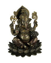 Bronze Finish Ganesha Seated On Lotus Holding Sacred Objects Statue - £100.78 GBP