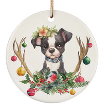 Funny Boston Terrier Puppy Dog Deer Anlters Christmas Ornament Ceramic Gift - £11.89 GBP