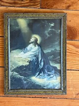 Vintage Jesus at the Rock at Night Print in Faux Wood &amp; Silver Metal Fra... - $13.09