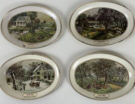 Currier and Ives Tin Trays American Homestead 4 Seasons Fabcraft USA Set... - $9.68
