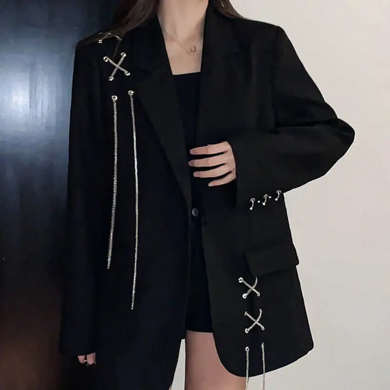 KOSAHIKI Harajuku Women Jackets Black Gothic Punk Hip Hop Solid Vintage Blazer C - £152.90 GBP