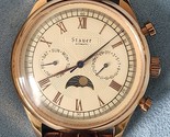 Stauer Mens Gold Tone Moon Phase Day Date Brown Leather Strap Analog Wat... - $87.01