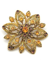 Autumn Flower Pin Brooch Gold-Tone Golden/Brown Glass Rhinestones Estate 1.5&quot; - $19.99