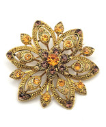 Autumn Flower Pin Brooch Gold-Tone Golden/Brown Glass Rhinestones Estate... - £15.97 GBP