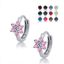 Children&#39;s 12 Month Birthstones Flower Huggie Earrings 14K Solid White Gold - £183.03 GBP