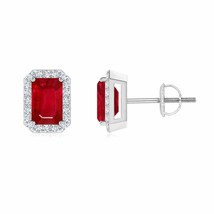Natural Ruby Emerald Cut Earrings with Diamond in 14K Gold (Grade-AAA , 6x4MM) - £2,200.63 GBP