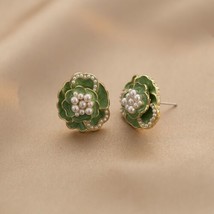Enamel Camellia Green Flower Earrings For Women imitation Pearl New - £7.78 GBP