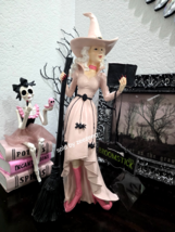 BROOMSTICK Halloween Stunning 15&quot; Witch Figure Statue Pink Dress &amp; Spiders - $44.99
