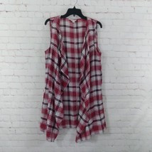 Cato Open Front Cardigan Womens Large Red Plaid Sleeveless Cotton Casual - $15.98