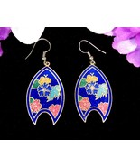 FLORAL Vintage PIERCED EARRINGS Cloisonne FLOWERS Enamel Wires Goldtone 2" - $17.81