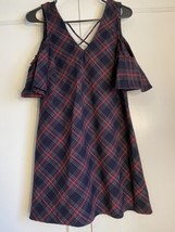 Heart Soul Mini Dress Juniors Sz M Retro Plaid Cold Shoulder Bell Sleeve Dress - £13.24 GBP