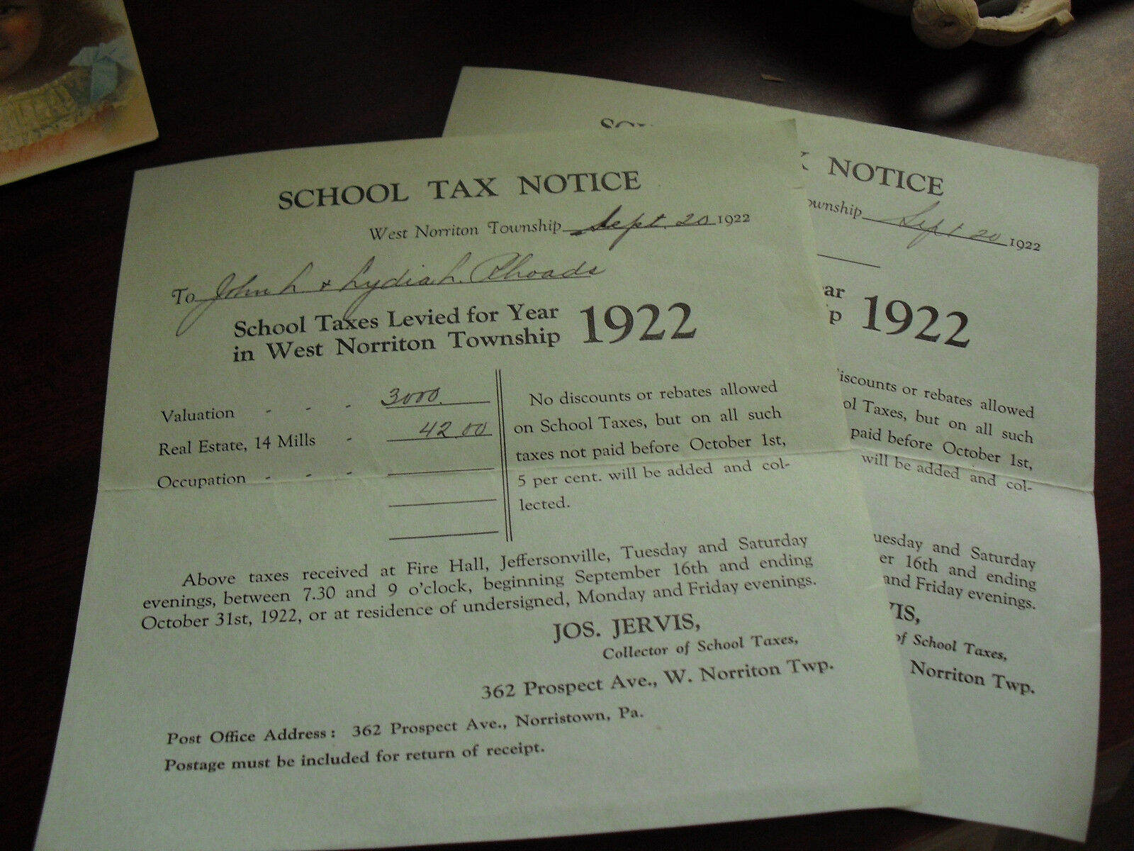 Lot of 2 Vintage 1922 School Tax Notices for West Norriton Township PA - $16.83