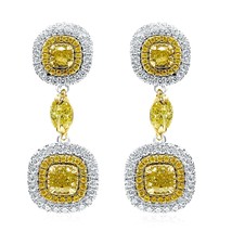 2.84 Carat Cushion Natural Fancy Yellow Diamond Dangle Earrings 14k White Gold - £4,722.63 GBP