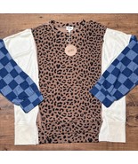 NEW Bibi Boutique Large Oversized Denim Checkered Leopard Pullover Sweat... - $66.92 CAD