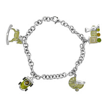 Ladies Silver Bracelet With Green Enamel Charms 7&quot; - £92.64 GBP