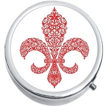 Red Pattern Fleur De Lis Medicine Vitamin Compact Pill Box - £7.70 GBP