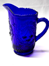 Vintage Lg Wright 46 Ounce Cobalt Blue Cherry 9&quot; Sawtooth Heavy Glass Pitcher - $31.66