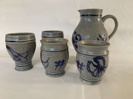 Set Of Cups and Pitcher German Blue Salt Glaze Tumbler Germany Stoneware - £44.97 GBP