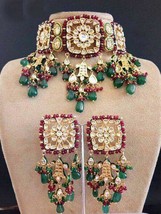 Bollywood Red Necklace Set Polki Earrings Kundan Choker Look Jewelry Real Polki - £217.93 GBP