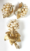 Vintage Crown Trifari Gold-tone Flower W/Faux Pearl Cluster Brooch &amp; Ear... - $55.69
