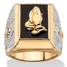 14K Gold Praying Hands Emerald Cut Onyx Mens Gp Ring Size 8 9 10 11 12 13 14 15 - £96.45 GBP