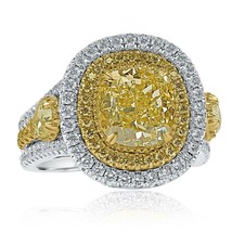 GIA 5.10 Ct Cushion Fancy Light Yellow Diamond Engagement Ring 18k White Gold - £15,337.08 GBP