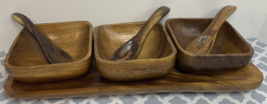 Wood Tray 3 Condiments Bowls Spoons Serving Set Handmade in Philippines - £23.67 GBP