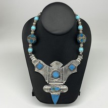 Turkmen Necklace Antique Afghan Tribal Blue Turquoise Inlay V-Neck, Necklace T50 - £23.59 GBP
