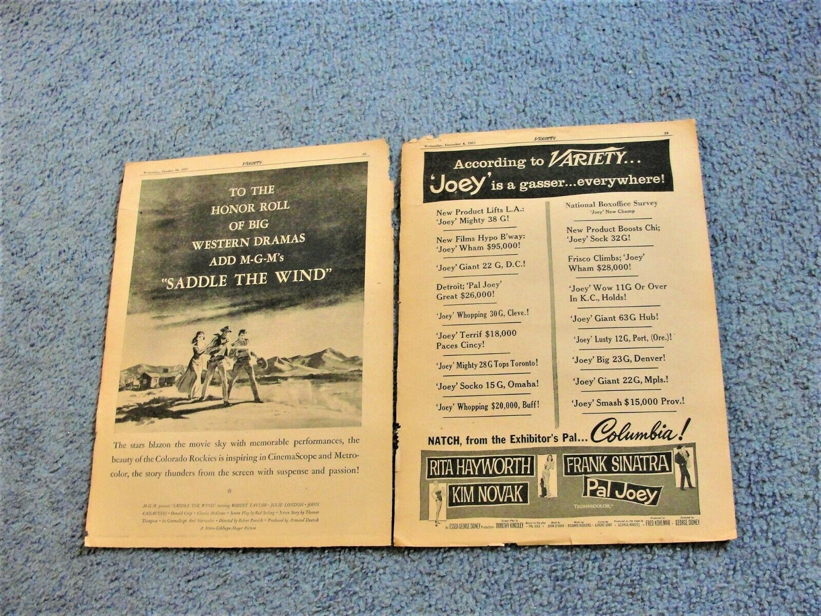 Primary image for Saddle the Wind & Pal Joey ( 2) Pages Movie Ads from Variety 1957 Newspaper.