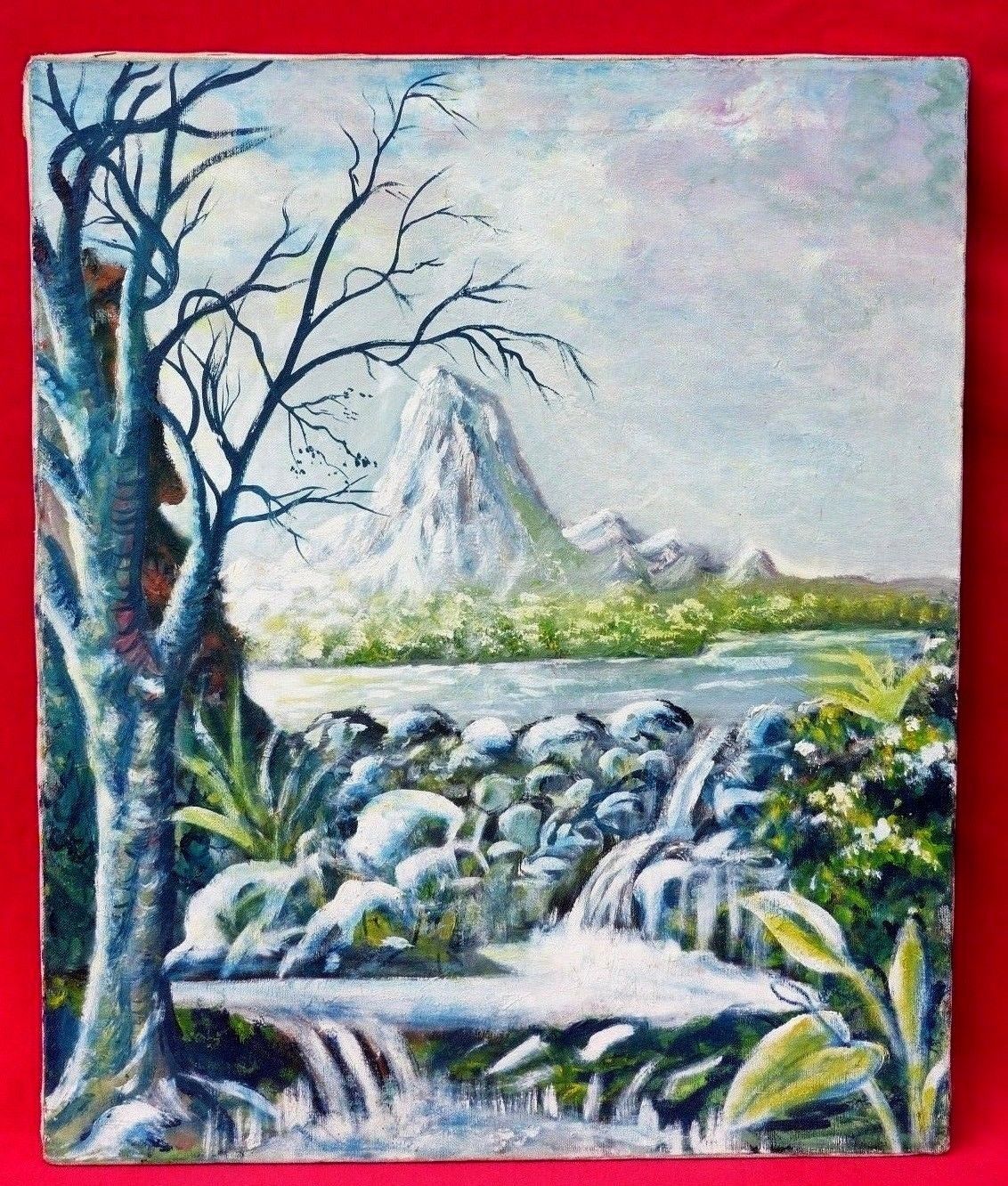 Primary image for VINTAGE OIL PAINTING MATTAHORN MOUNTAIN? RIVER WATER ROCKS WATERFALL SIGNED ART