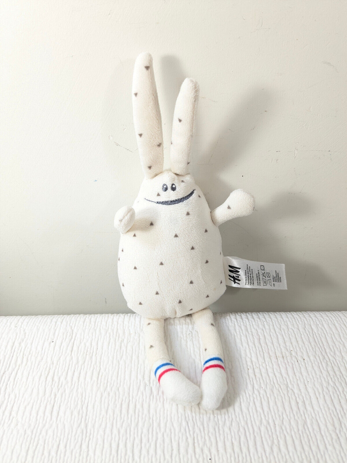H&amp;M Plush bunny rabbit toy cream grey triangles smiling red blue sneaker... - $64.00