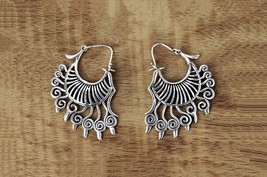 Intricate Tribal Earrings, Silver Ethnic Dangle Hoops, Festival Jewelry - £15.15 GBP