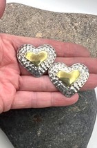 Mexico Sterling Silver Brass Two Tone Heart Stud Statement Earrings - £17.30 GBP