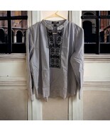 Chaps Button Up Top Womans Large Striped Blue White V neck Embroidered - $19.79