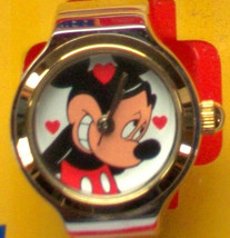Disney Mickey Mouse Ring Watch! Adorable! Mickey surrounded By Hearts! Gold &amp; Si - £98.86 GBP